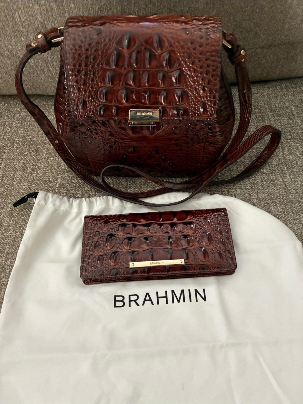 Brahmin Dark Brown Croc-Embossed Leather Crossbody with Matching Wallet